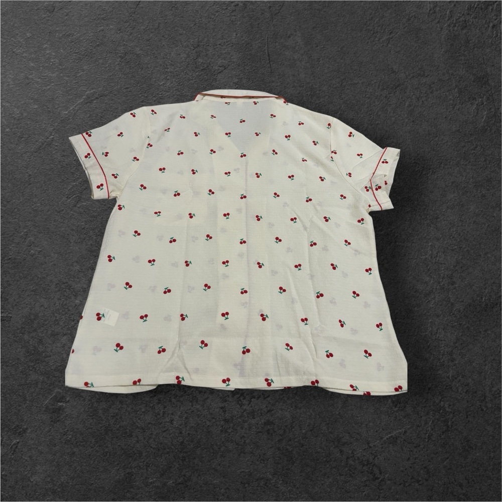 Pajama Set with Red Cherry Pattern and Red Piping W Size XL Cream/Red/Green - Picture 10 of 12